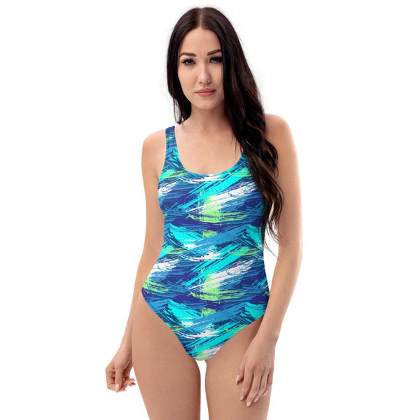65 MCMLXV Women's Blue Paintbrush Camouflage Print 1 Piece Swimsuit - 65mcmlxv