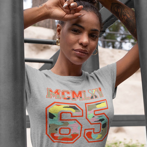 65 MCMLXV Women's Camouflage Varsity Logo Graphic T-Shirt - 65mcmlxv
