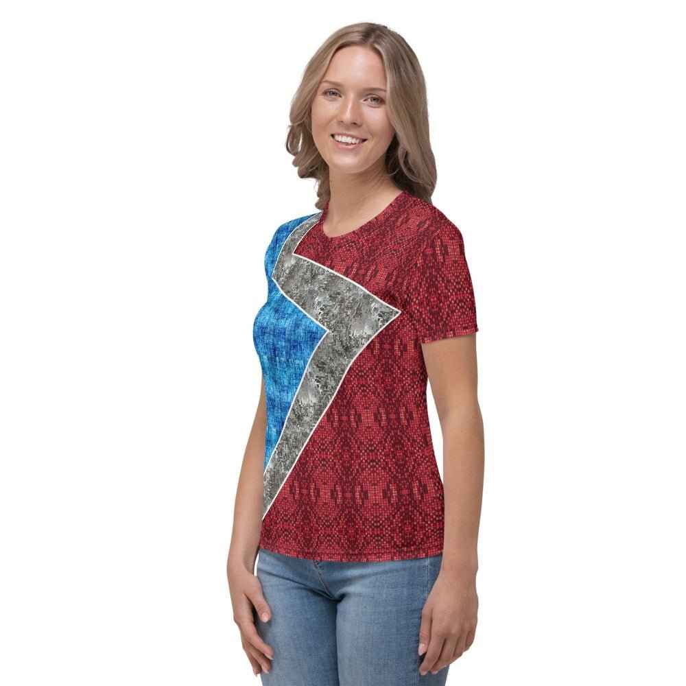 65 MCMLXV Women's Cosplay Lorena Red and Blue Lightning Bolt Print T-Shirt