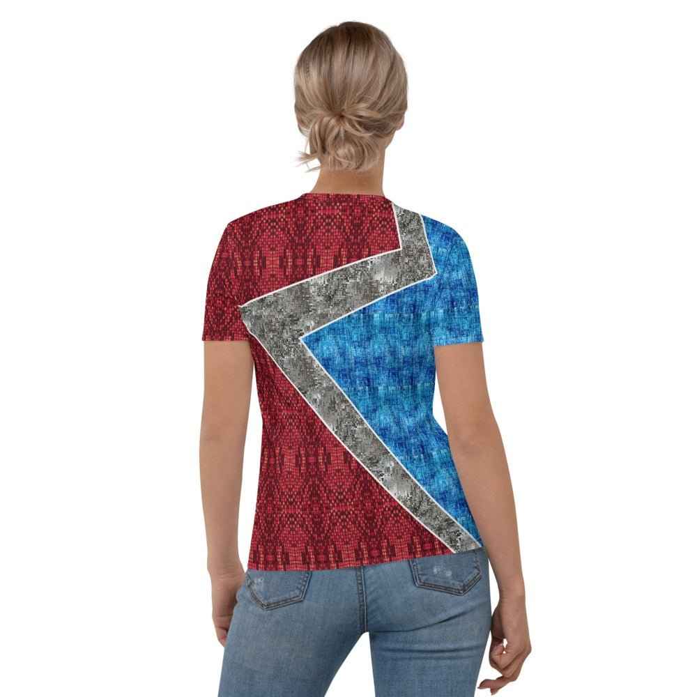 65 MCMLXV Women's Cosplay Lorena Red and Blue Lightning Bolt Print T-Shirt