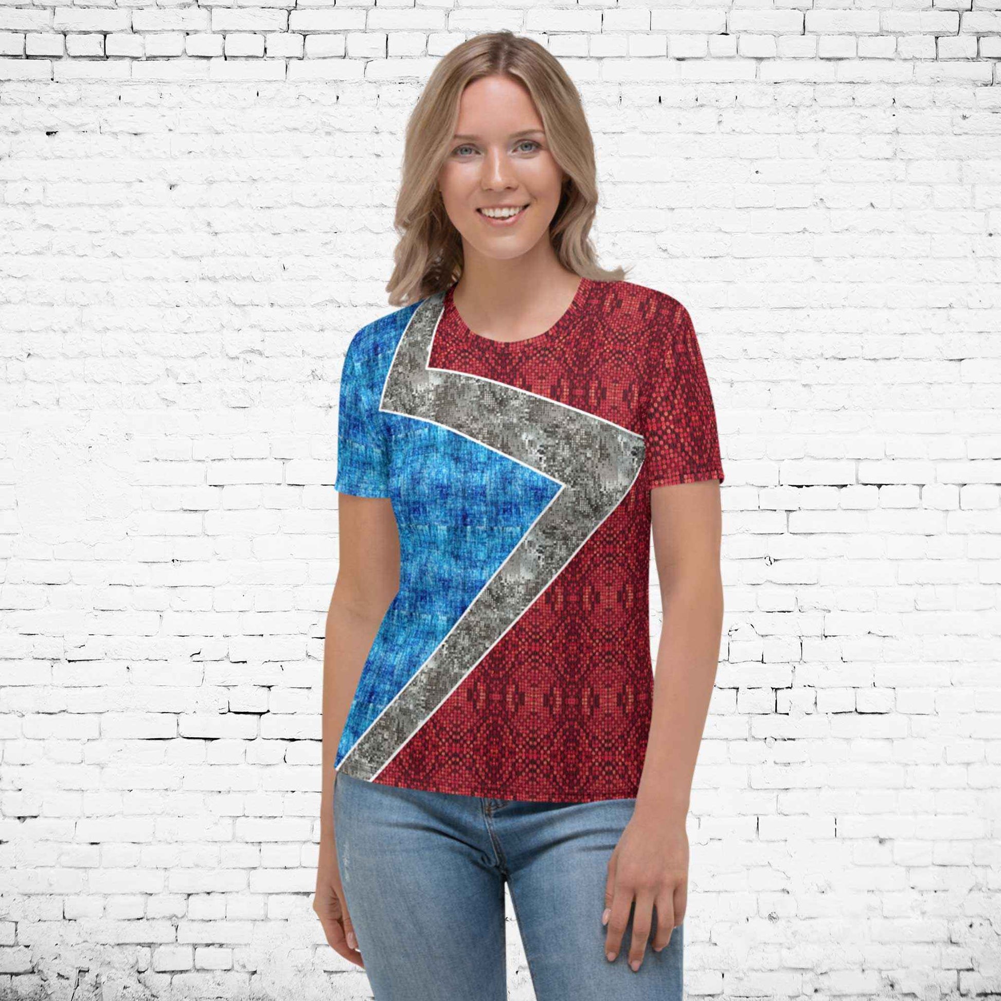 65 MCMLXV Women's Cosplay Lorena Red and Blue Lightning Bolt Print T-Shirt