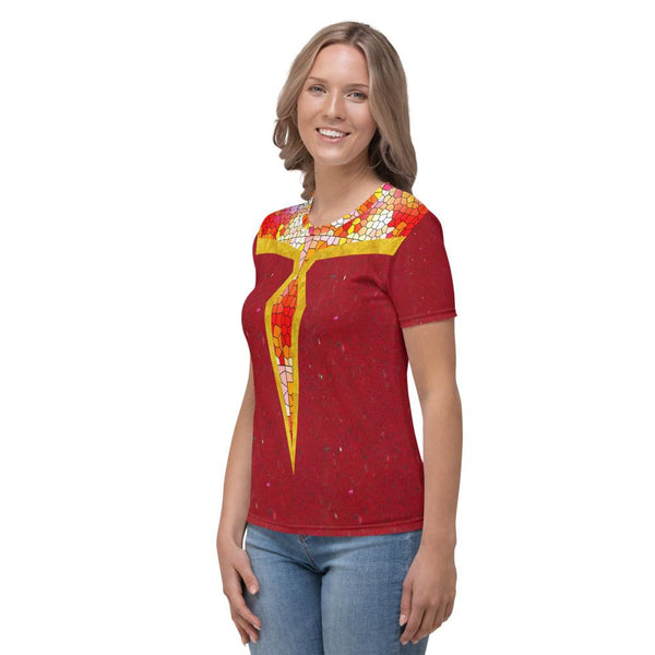 65 MCMLXV Women's Cosplay Melba Red and Gold Mosaic Marble Print T-Shirt - 65mcmlxv