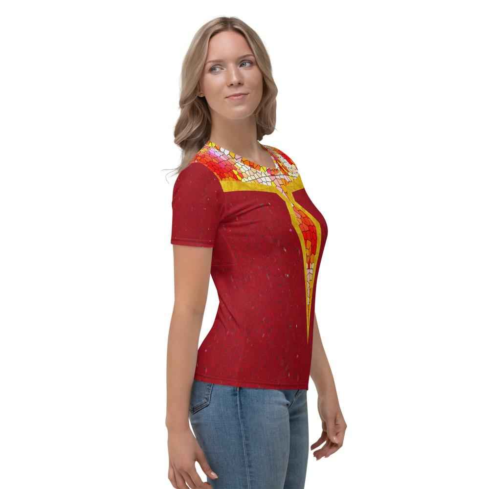 65 MCMLXV Women's Cosplay Melba Red and Gold Mosaic Marble Print T-Shirt