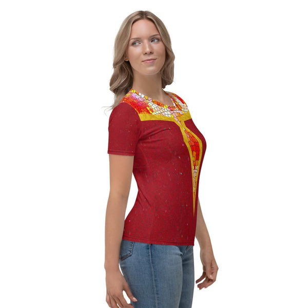 65 MCMLXV Women's Cosplay Melba Red and Gold Mosaic Marble Print T-Shirt - 65mcmlxv
