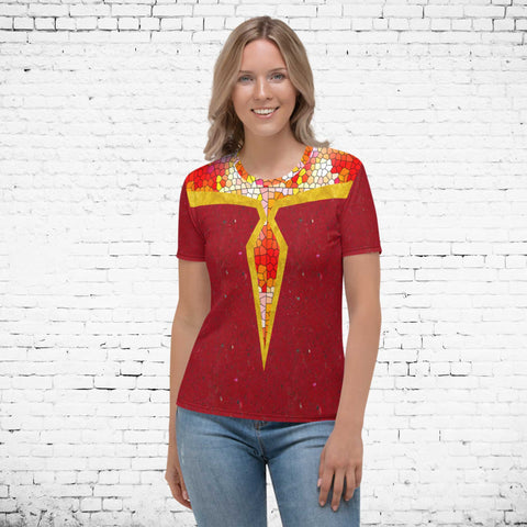 65 MCMLXV Women's Cosplay Melba Red and Gold Mosaic Marble Print T-Shirt - 65mcmlxv