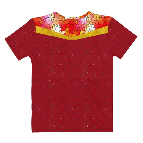 65 MCMLXV Women's Cosplay Melba Red and Gold Mosaic Marble Print T-Shirt - 65mcmlxv
