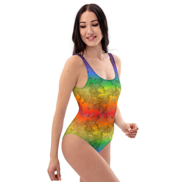 65 MCMLXV Women's LGBT Pride Rainbow Camouflage Print 1 Piece Quick Dry UPF 50+ Swimsuit - 65mcmlxv