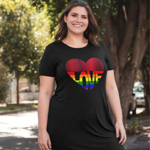 65 MCMLXV Women's LGBT Pride Rainbow Flag Love Heart Graphic Organic T-Shirt Dress - 65mcmlxv