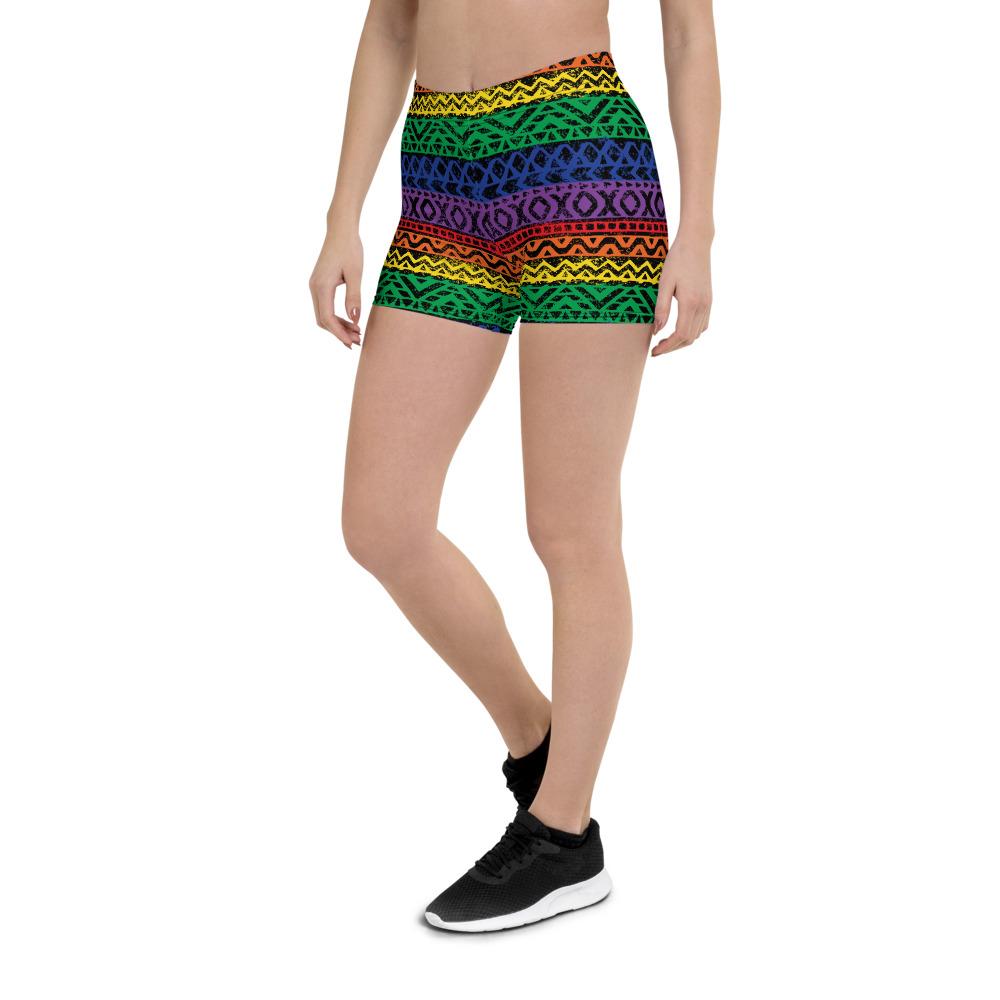 65 MCMLXV Women's LGBT Pride Rainbow Tribal Color Block Print Shorts - 65mcmlxv