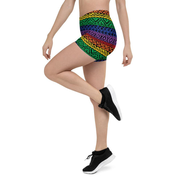 65 MCMLXV Women's LGBT Pride Rainbow Tribal Color Block Print Shorts - 65mcmlxv