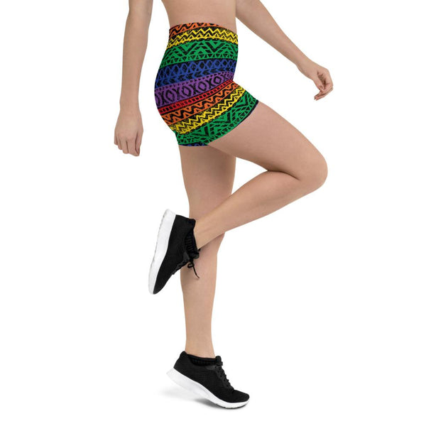 65 MCMLXV Women's LGBT Pride Rainbow Tribal Color Block Print Shorts - 65mcmlxv