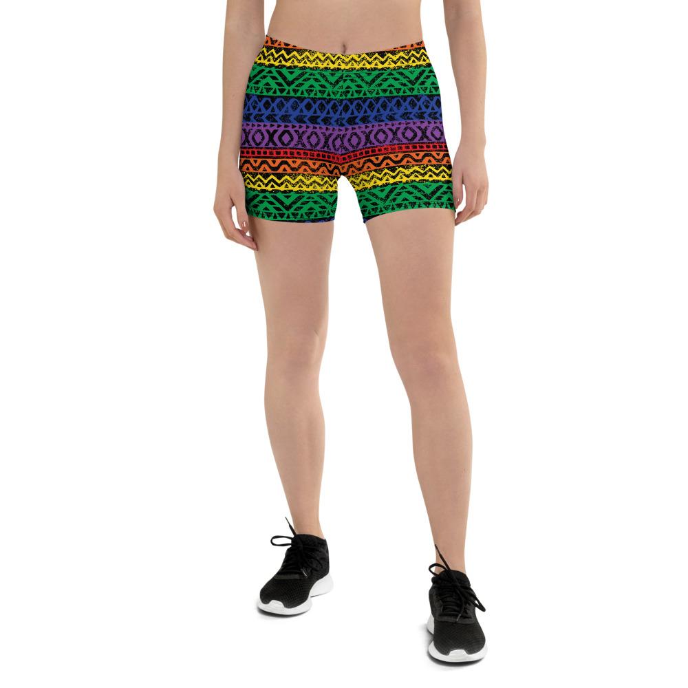 65 MCMLXV Women's LGBT Pride Rainbow Tribal Color Block Print Shorts - 65mcmlxv