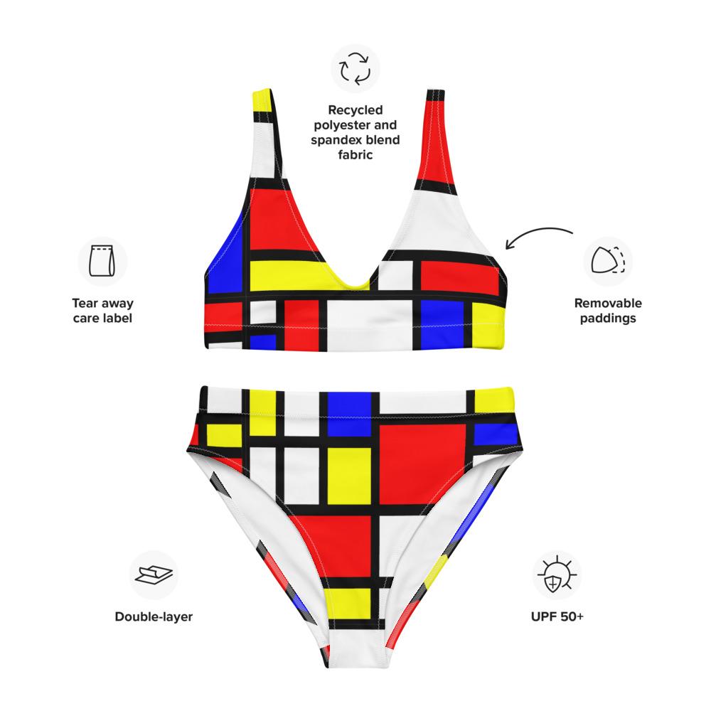 65 MCMLXV Women's Mondrian Color Block Print Recycled High - Waisted Bikini Swimsuit - 65mcmlxv