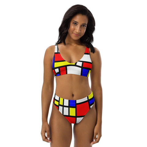 65 MCMLXV Women's Mondrian Color Block Print Recycled High - Waisted Bikini Swimsuit - 65mcmlxv