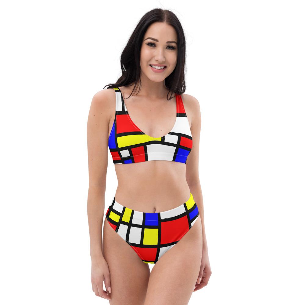 65 MCMLXV Women's Mondrian Color Block Print Recycled High - Waisted Bikini Swimsuit - 65mcmlxv