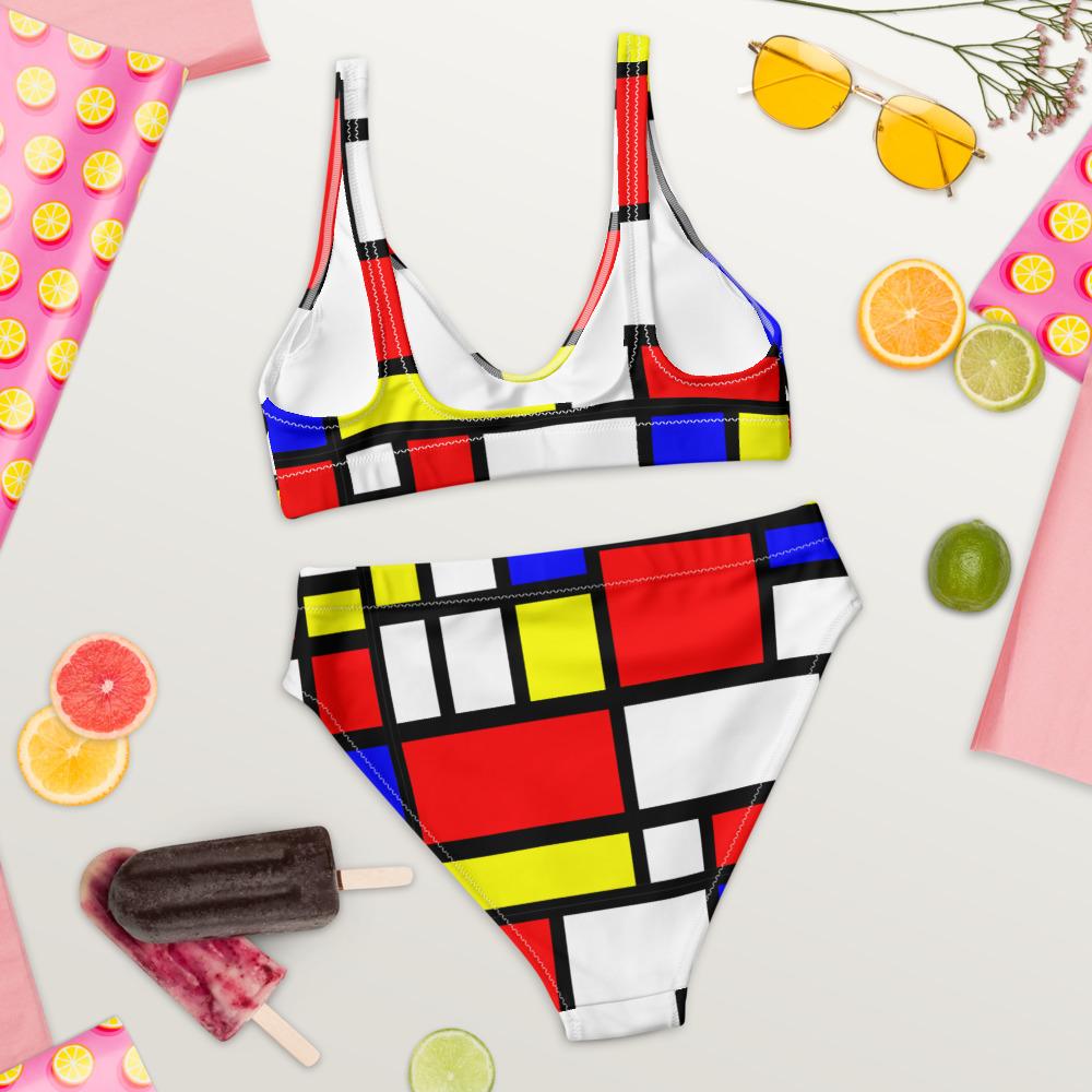 65 MCMLXV Women's Mondrian Color Block Print Recycled High - Waisted Bikini Swimsuit - 65mcmlxv