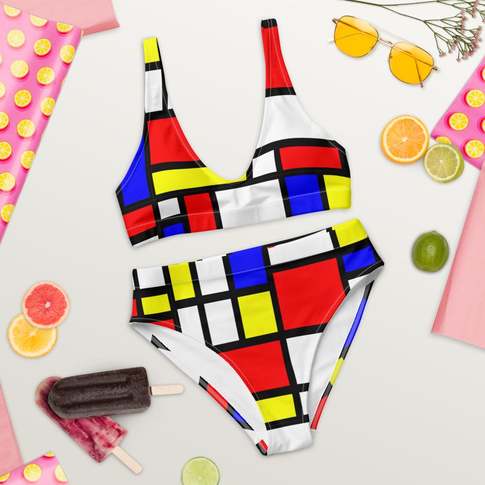65 MCMLXV Women's Mondrian Color Block Print Recycled High - Waisted Bikini Swimsuit - 65mcmlxv