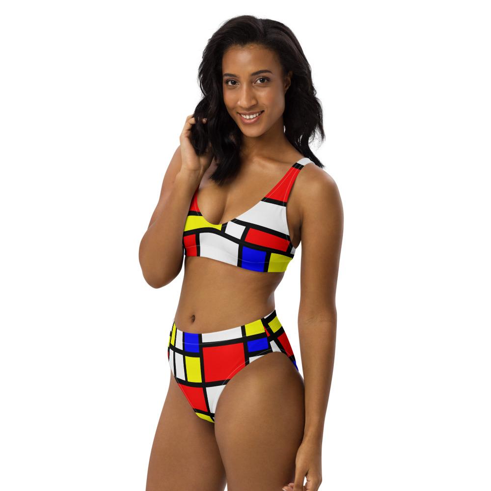 65 MCMLXV Women's Mondrian Color Block Print Recycled High - Waisted Bikini Swimsuit - 65mcmlxv