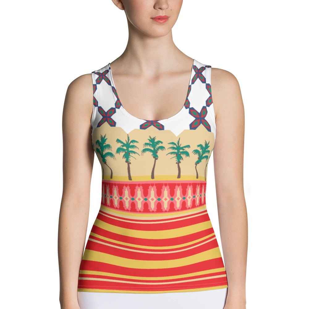 65 MCMLXV Women's Mosaic Tiles & Palms Engineered Stripe Print Tank Top