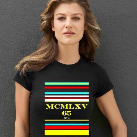 65 MCMLXV Women's Multi Stripe Logo Graphic T-Shirt - 65mcmlxv