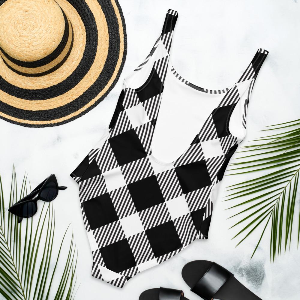 65 MCMLXV Women's Oversized Black and White Diagonal Buffalo Plaid Print One - Piece Swimsuit - 65mcmlxv
