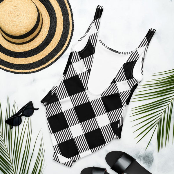 65 MCMLXV Women's Oversized Black and White Diagonal Buffalo Plaid Print One - Piece Swimsuit - 65mcmlxv