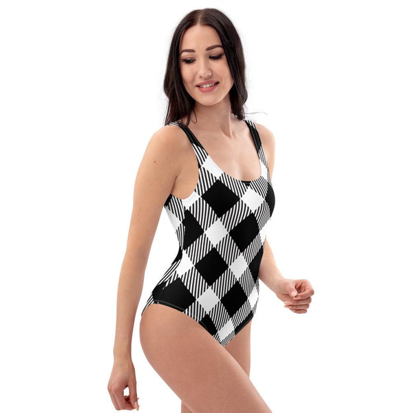 65 MCMLXV Women's Oversized Black and White Diagonal Buffalo Plaid Print One - Piece Swimsuit - 65mcmlxv