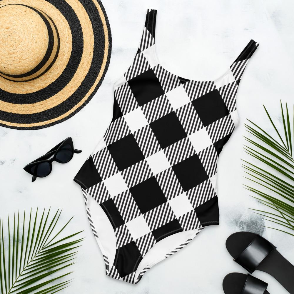 65 MCMLXV Women's Oversized Black and White Diagonal Buffalo Plaid Print One - Piece Swimsuit - 65mcmlxv