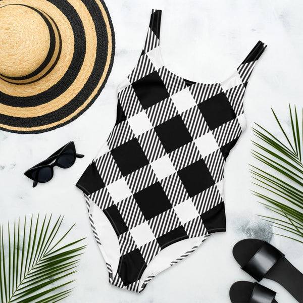 65 MCMLXV Women's Oversized Black and White Diagonal Buffalo Plaid Print One - Piece Swimsuit - 65mcmlxv