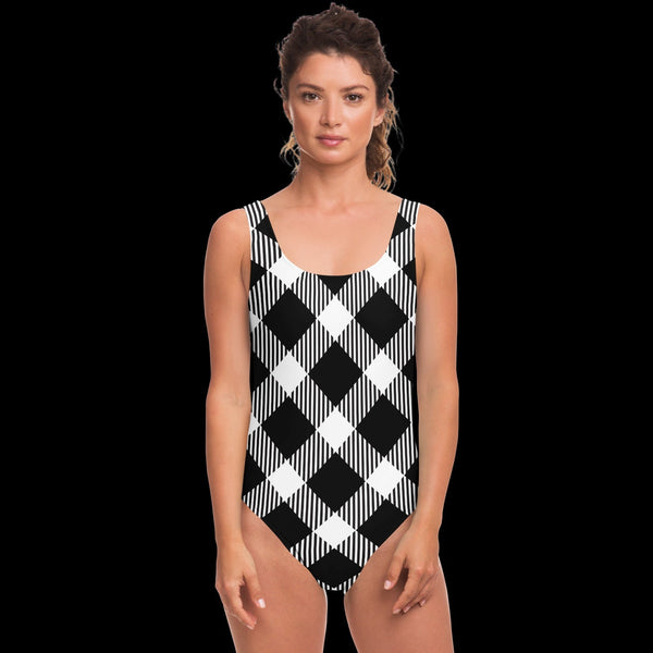 65 MCMLXV Women's Oversized Black and White Diagonal Buffalo Plaid Print One - Piece Swimsuit - 65mcmlxv