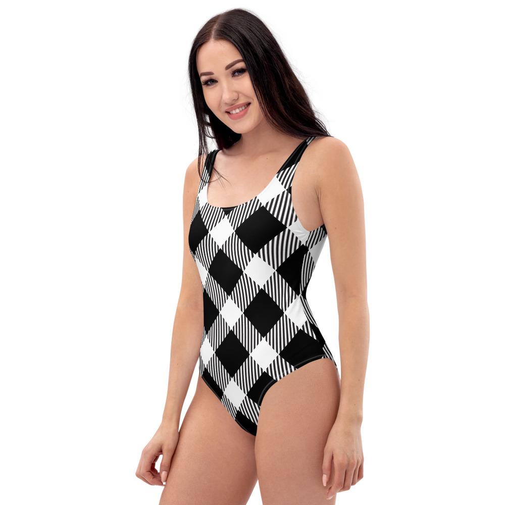 65 MCMLXV Women's Oversized Black and White Diagonal Buffalo Plaid Print One - Piece Swimsuit - 65mcmlxv