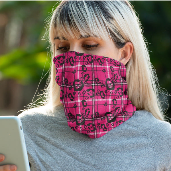 65 MCMLXV Women's Pink Leopard Plaid Print Neck Gaiter - 65mcmlxv