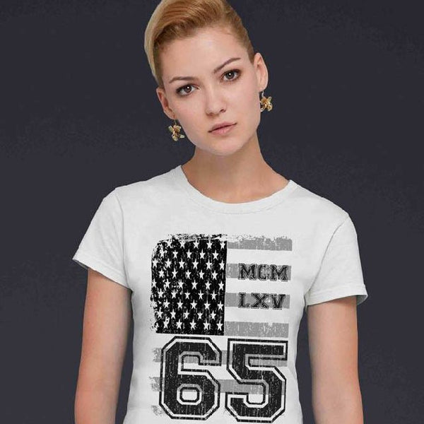 65 MCMLXV Women's Vintage USA Flag Americana Graphic T-Shirt - 65mcmlxv