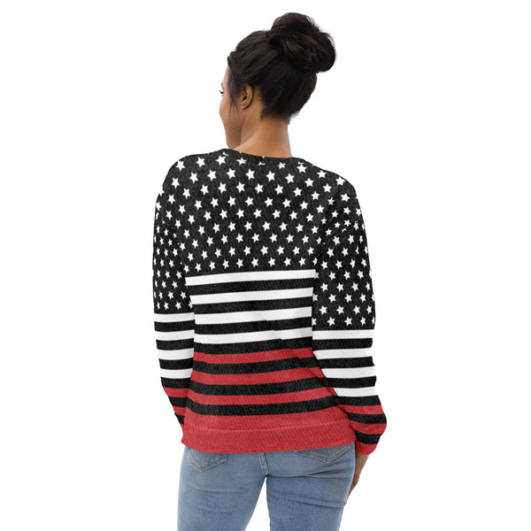 65 MCMLXV UNISEX Americana Black and Red USA Flag Print Fleece Sweatshirt