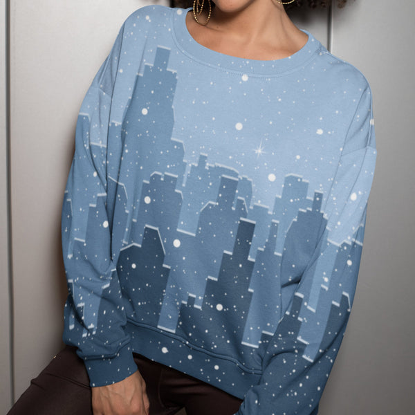 65 MCMLXV Unisex Blue Snowy Winter Cityscape Print Sweatshirt-Athletic Sweatshirt - AOP-65mcmlxv