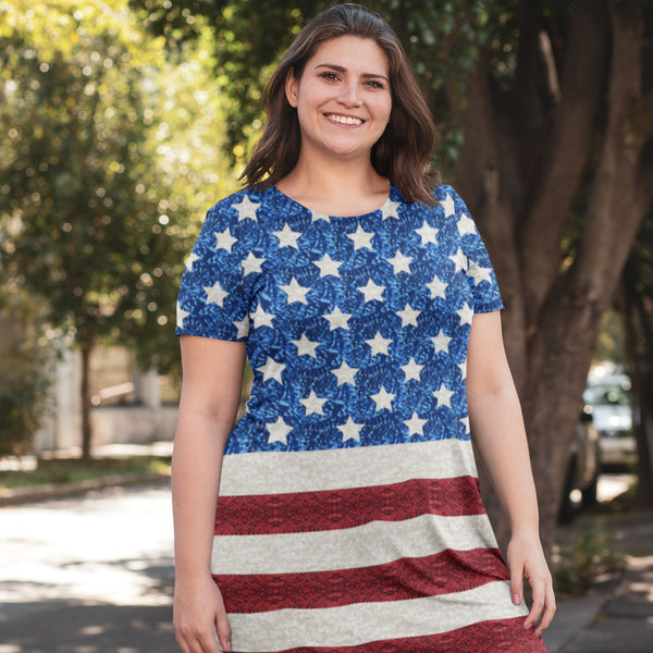 Dress - 65 MCMLXV Women's Americana USA Flag Print T-Shirt Dress