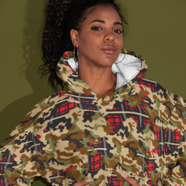 65 MCMLXV Unisex Woodland Camouflage & Red Plaid Print Fleece Pull-over Hoodie