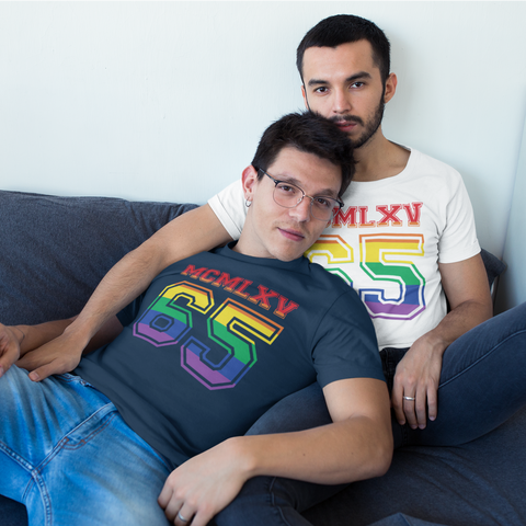 65 MCMLXV Men's LGBT Pride Varsity Logo Graphic T-Shirt