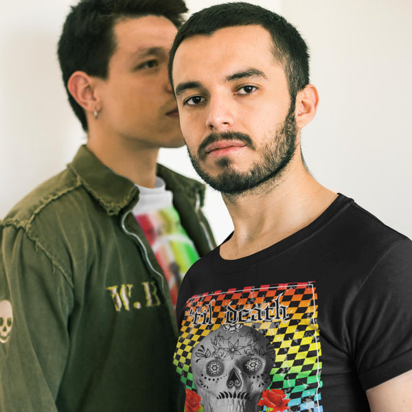 65 MCMLXV Men's Til Death Rainbow Checkerboard Skull Graphic T-Shirt-Men's T-Shirt-65mcmlxv
