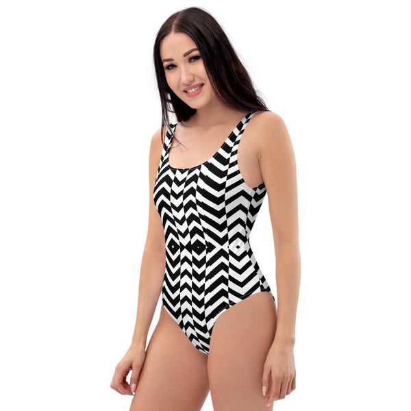 65 MCMLXV Women's Black and White Chevron Wave Print One-Piece Swimsuit-One-Piece Swimsuit - AOP-65mcmlxv