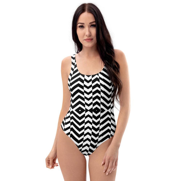 65 MCMLXV Women's Black and White Chevron Wave Print One-Piece Swimsuit-One-Piece Swimsuit - AOP-65mcmlxv