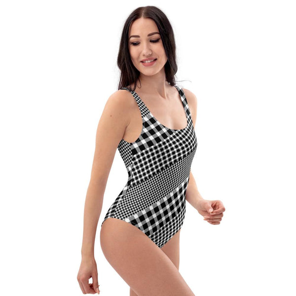 65 MCMLXV Women's Black and White Gingham Plaid Mix Print One-Piece Swimsuit-One-Piece Swimsuit - AOP-65mcmlxv