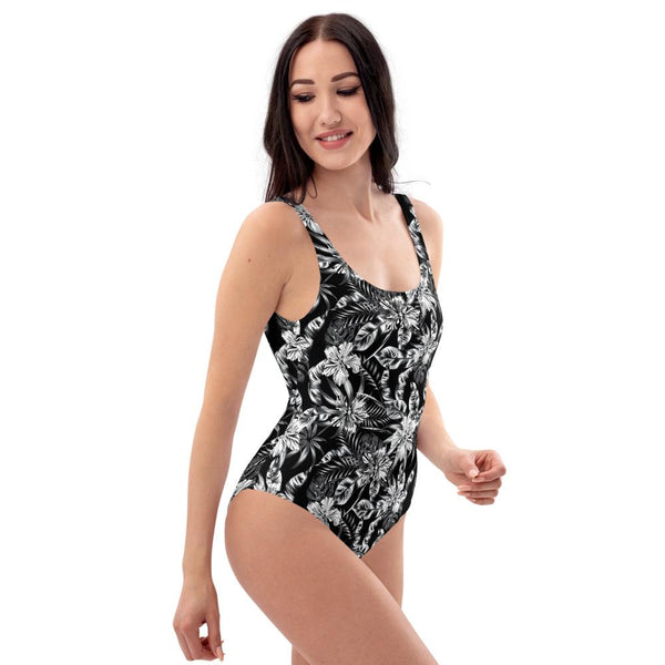 65 MCMLXV Women's Black and White Tropical Print One-Piece Swimsuit-One-Piece Swimsuit - AOP-65mcmlxv