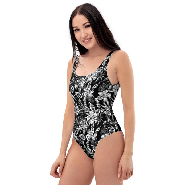 65 MCMLXV Women's Black and White Tropical Print One-Piece Swimsuit-One-Piece Swimsuit - AOP-65mcmlxv