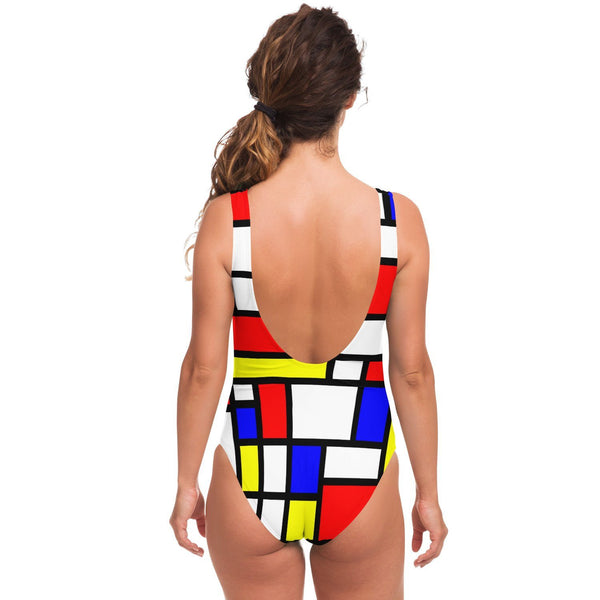 65 MCMLXV Women's Mondrian Color Block Print 1 Piece Swimsuit-One-Piece Swimsuit - AOP-65mcmlxv