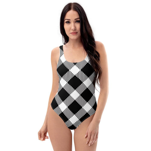 65 MCMLXV Women's Oversized Black and White Diagonal Buffalo Plaid Print One-Piece Swimsuit-One-Piece Swimsuit - AOP-65mcmlxv