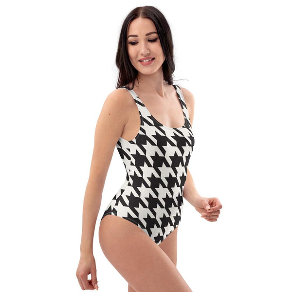 65 MCMLXV Women's Oversized Black and White Houndstooth Print One-Piece Swimsuit-One-Piece Swimsuit - AOP-65mcmlxv