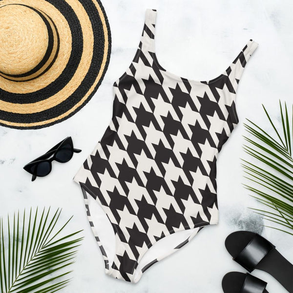 65 MCMLXV Women's Oversized Black and White Houndstooth Print One-Piece Swimsuit-One-Piece Swimsuit - AOP-65mcmlxv