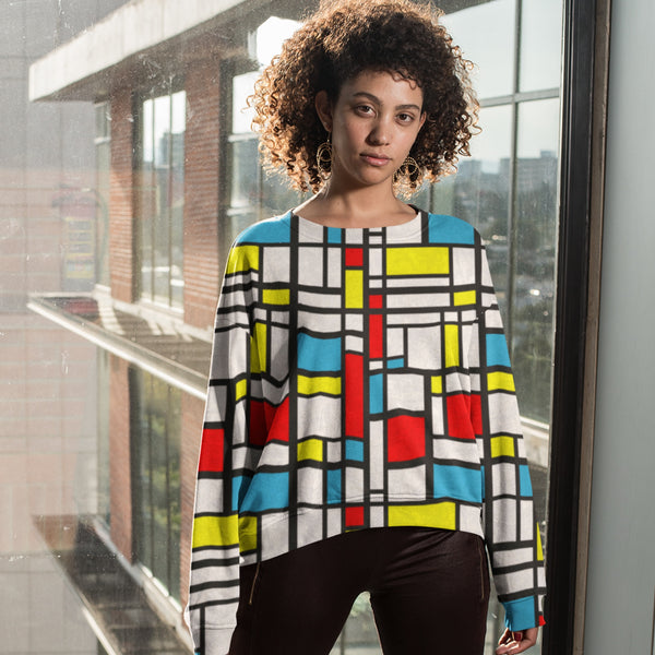 65 MCMLXV Women's Distressed Mondrian Print Fleece Sweatshirt-Sweatshirts-65mcmlxv