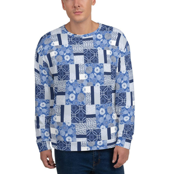 65 MCMLXV Men's Indigo Patchwork Print Fleece Sweatshirt-Sweatshirts-65mcmlxv